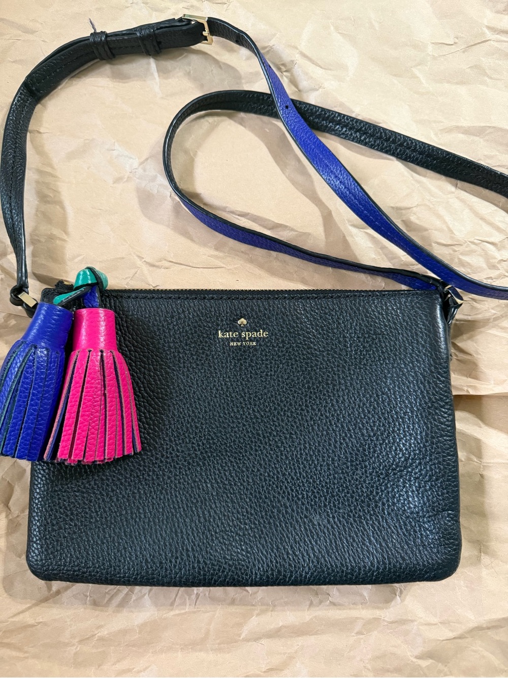 kate spade Black Pebbled Leather Crossbody with Multicolor Tassels
